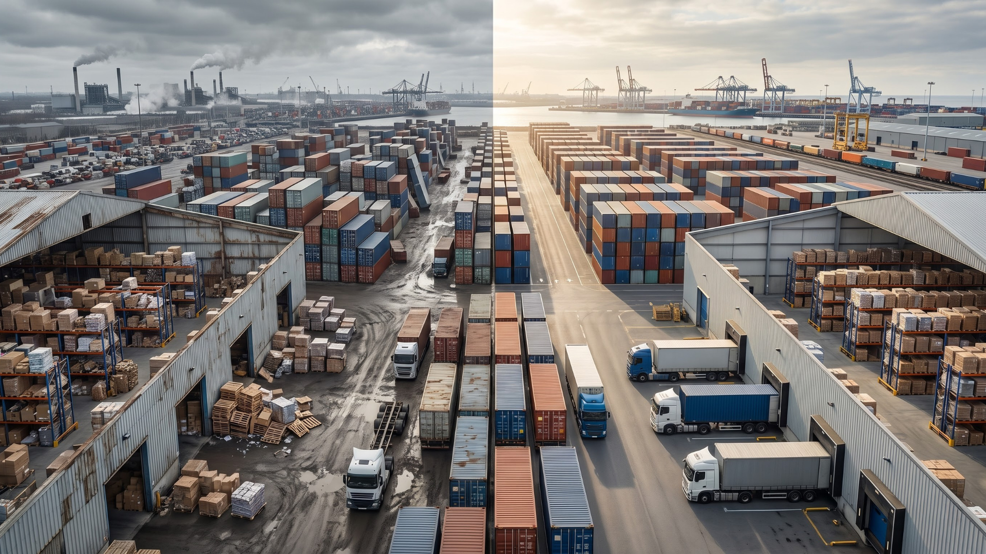 A conceptual split image illustrating the transformation of traditional, high-emission freight logistics into an efficient, clean, and organized modern supply chain.