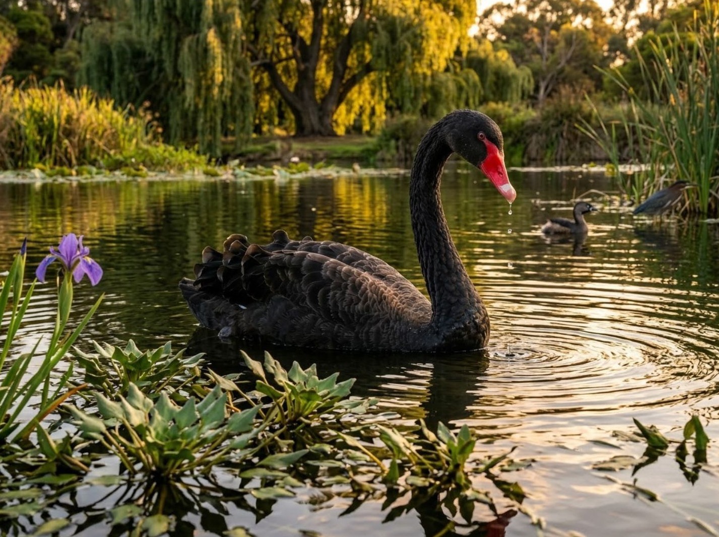 A close-up shot of a black swan swimming gracefully in a pond during golden hour. The swan features deep black plumage, a long arched neck, and a striking bright red bill with a pale tip. Ripples encircle its body in the water, which reflects the warm, glowing sunlight.