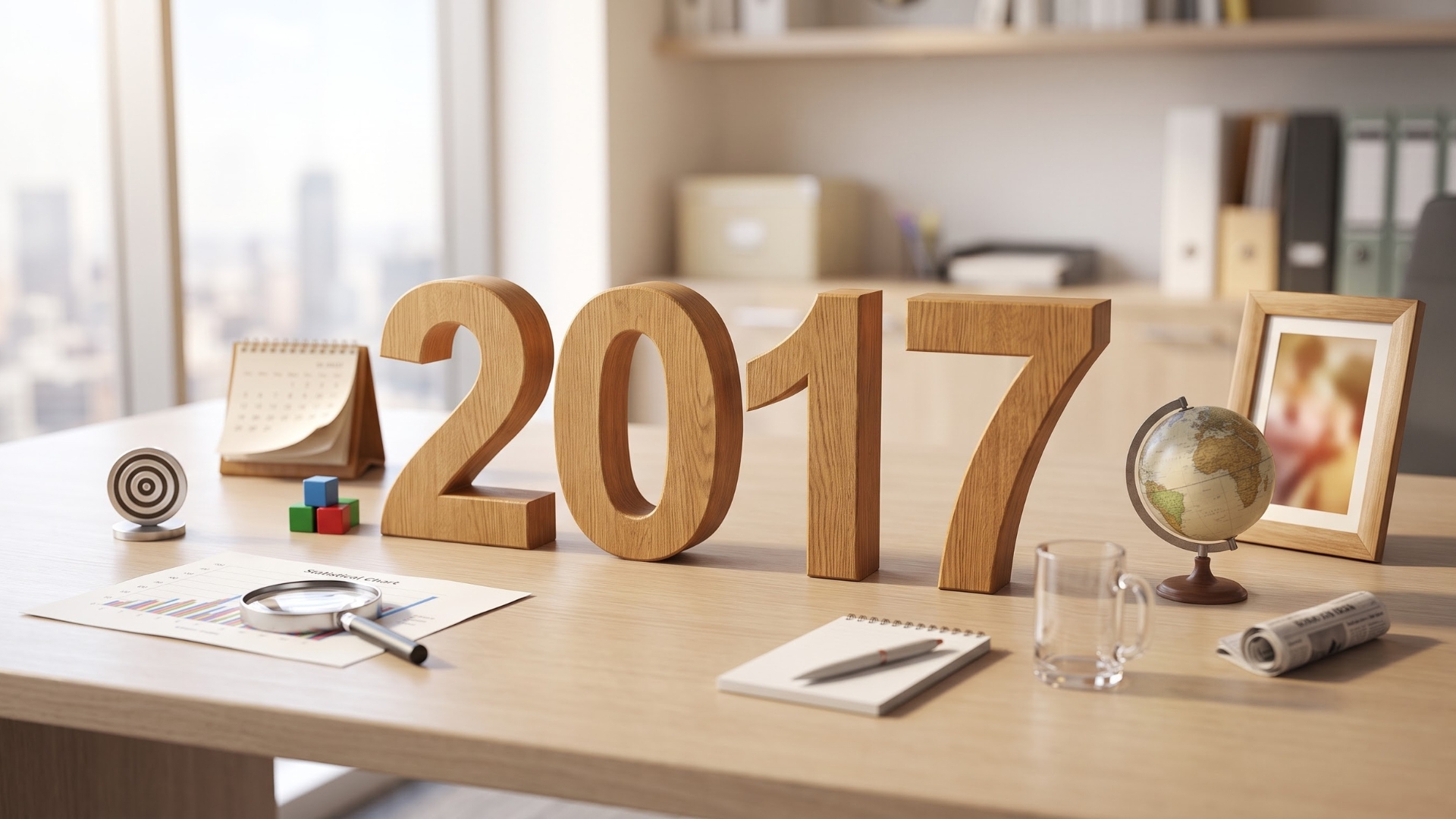 Large wooden blocks spelling "2017" sit on an organized office desk surrounded by analytical tools like a statistical chart, magnifying glass, target, and globe. These items symbolize data-driven forecasting, strategic goal setting, and global supply planning resolutions for a demand planner in the new year.