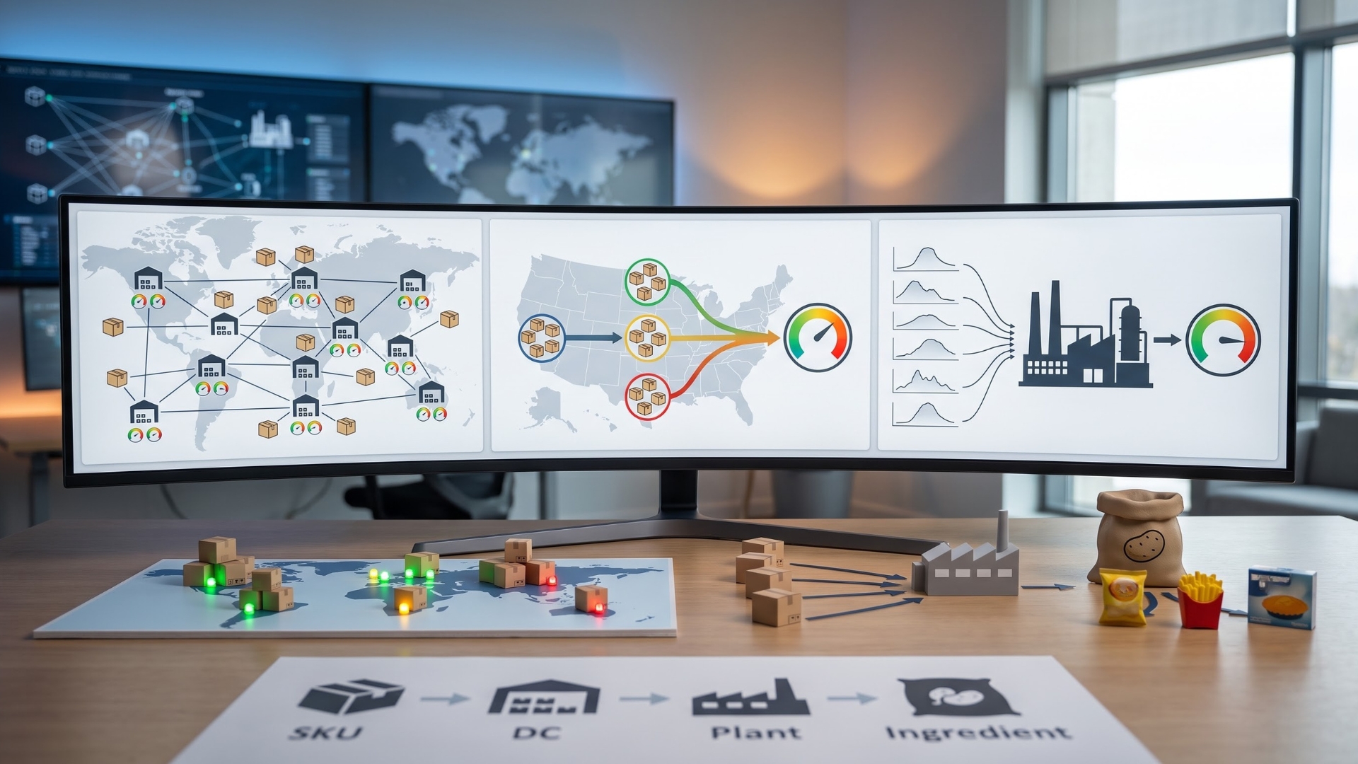 a global distribution network on the left, a US supply map with gauges in the center, and a manufacturing process flow diagram on the right.