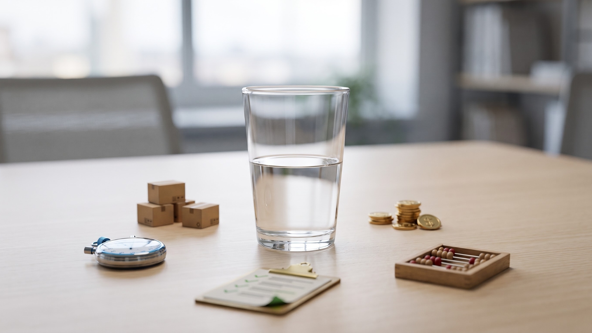 A half-full glass of water centered on a desk among a stopwatch, miniature boxes, coins, and an abacus, metaphorically representing the complex variety of customer service metrics.