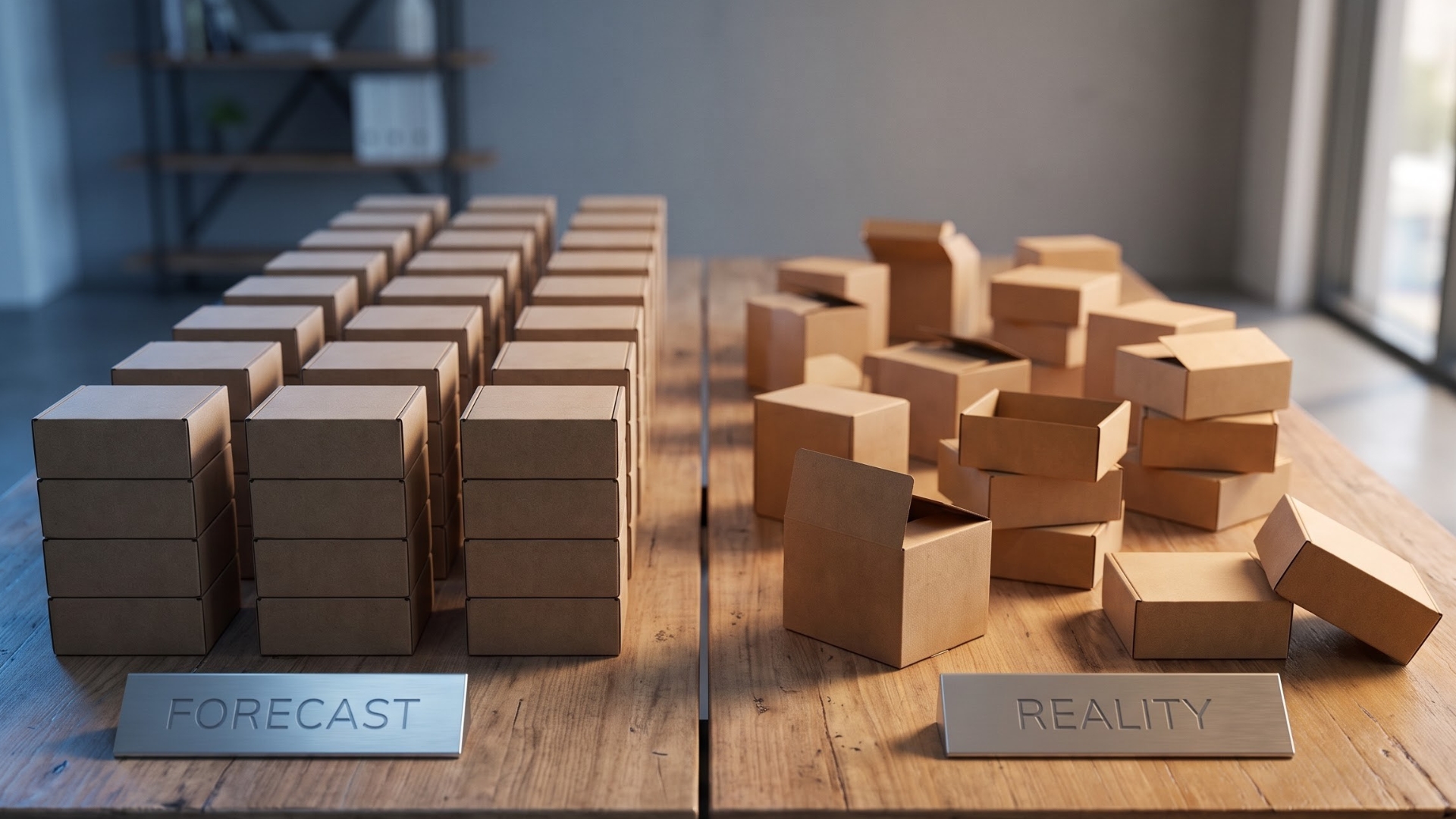 The image contrasts a tidy, perfectly organized grid of identical boxes labeled "FORECAST" with a chaotic, disorganized pile of open and scattered boxes labeled "REALITY". This highlights the stark difference between orderly demand predictions and unpredictable supply chain outcomes.