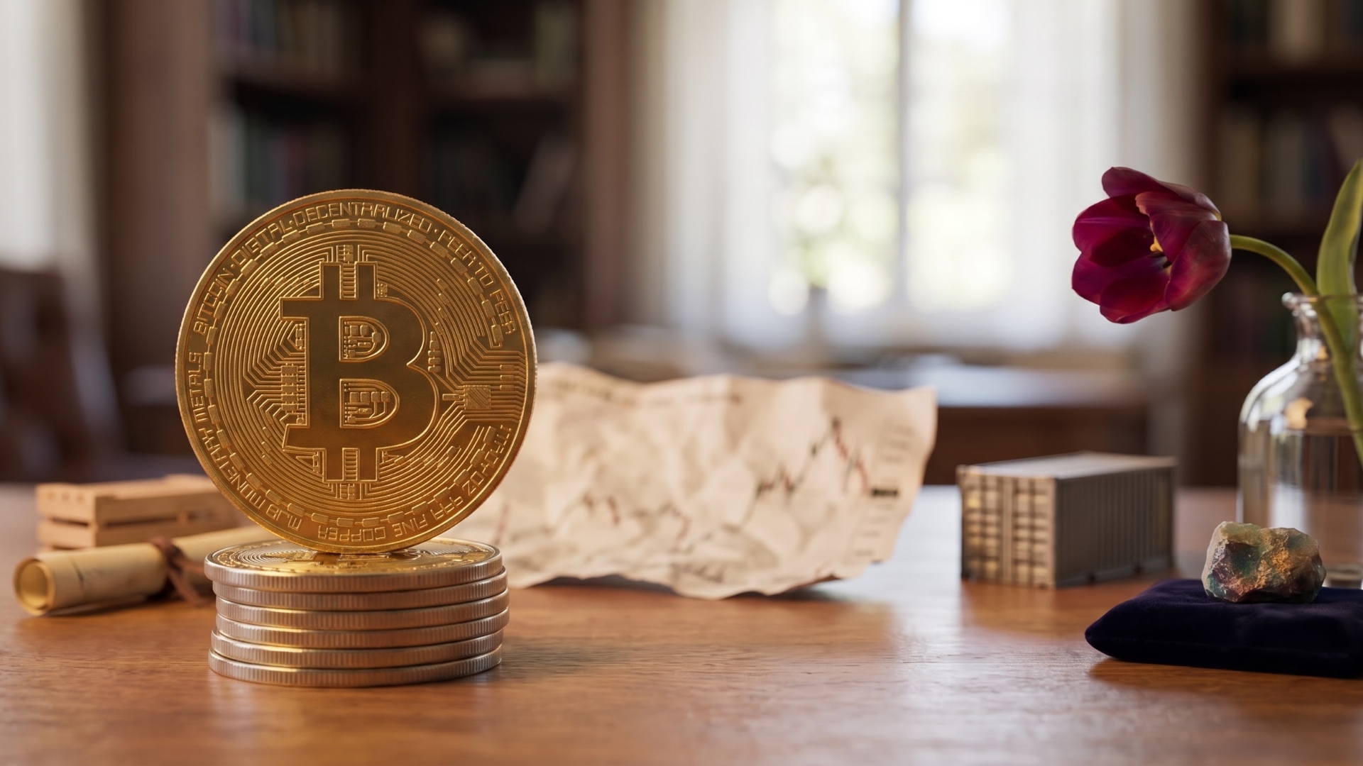 Bitcoin to the 17th-century Dutch Tulip Mania, using a prominent gold Bitcoin token and a crimson tulip to symbolize highly speculative economic bubbles