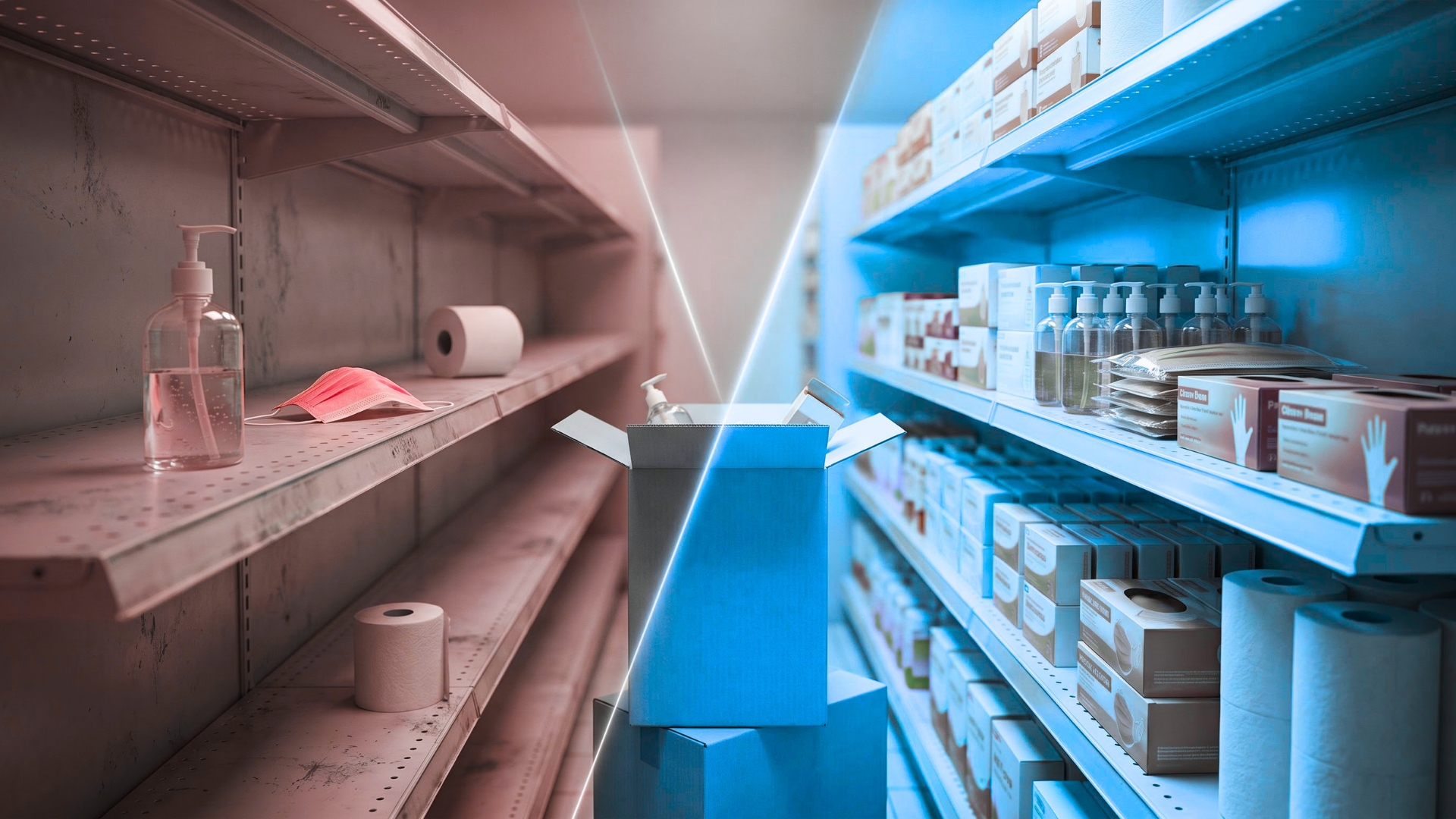 An absolute split-screen comparison shows empty retail shelves on the left under dim, warm pink lighting, contrasted against fully stocked pharmacy shelves on the right under bright, cool blue lighting.