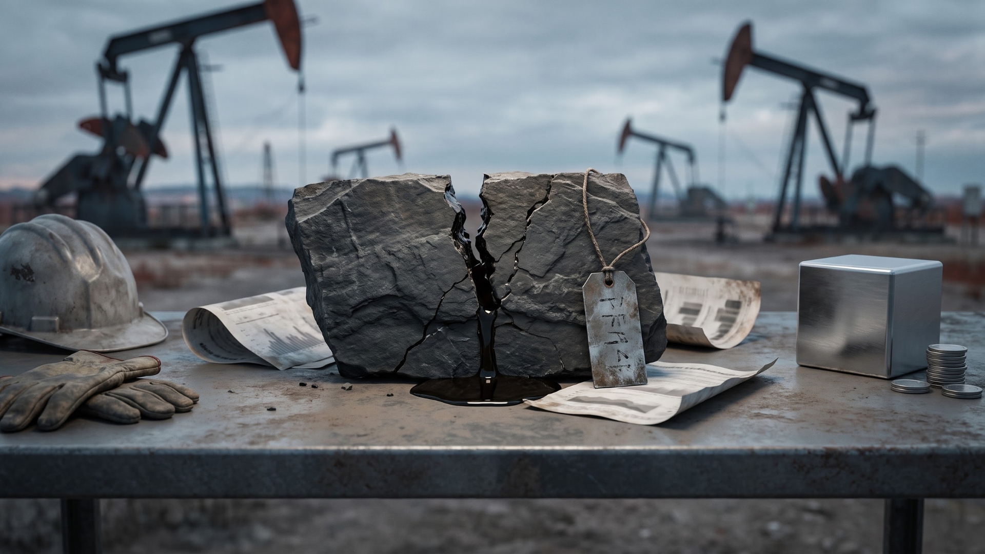 The split stone symbolizes a fractured oil market, the breakdown of OPEC+ production agreements, or the severe financial strain placed on US shale and fracking industries due to dropping prices