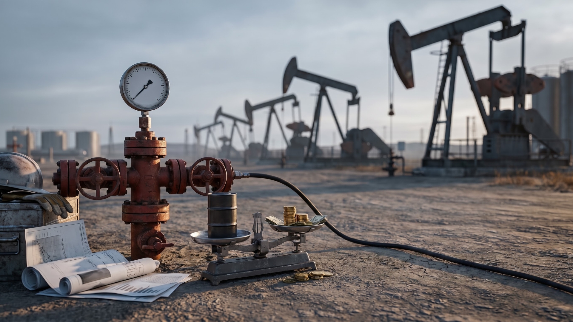 An active oil field with multiple pumpjacks operating in a dry, barren landscape, a pressure gauge, and a balance scale weighing a miniature oil barrel against golden coins and cash to symbolize the economic value and production costs of oil