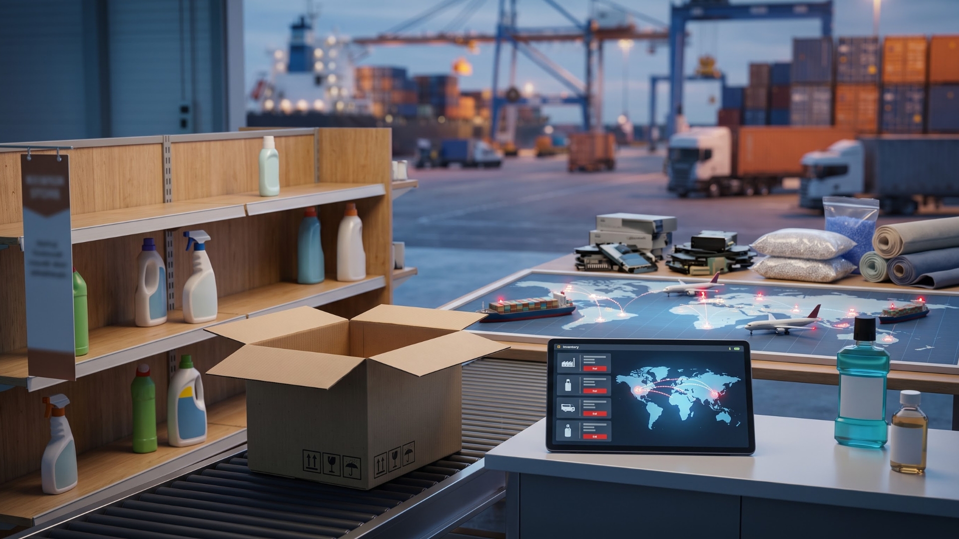 A retail display shelf filled with various bottled products sits next to an open cardboard box on a roller conveyor belt, set against a bustling global logistics and shipping port backdrop
