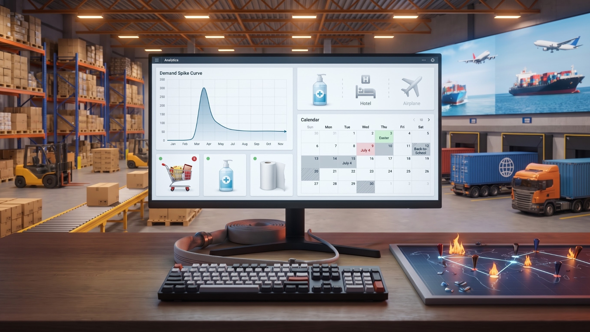 a supply chain logistics analytics dashboard featuring a demand spike curve, a calendar, and stock icons