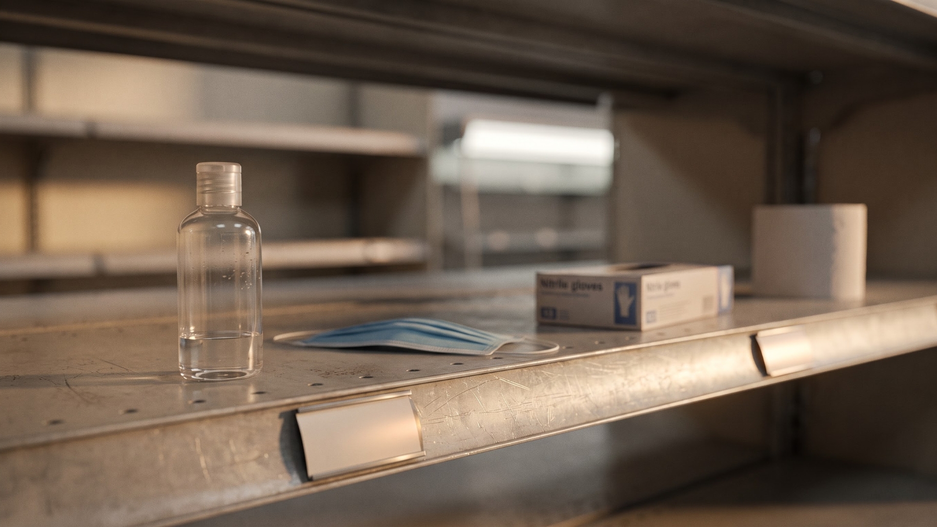 A clear plastic bottle filled with hand sanitizer, sitting on an empty metal store shelf alongside a blue face mask and a box of nitrile gloves.