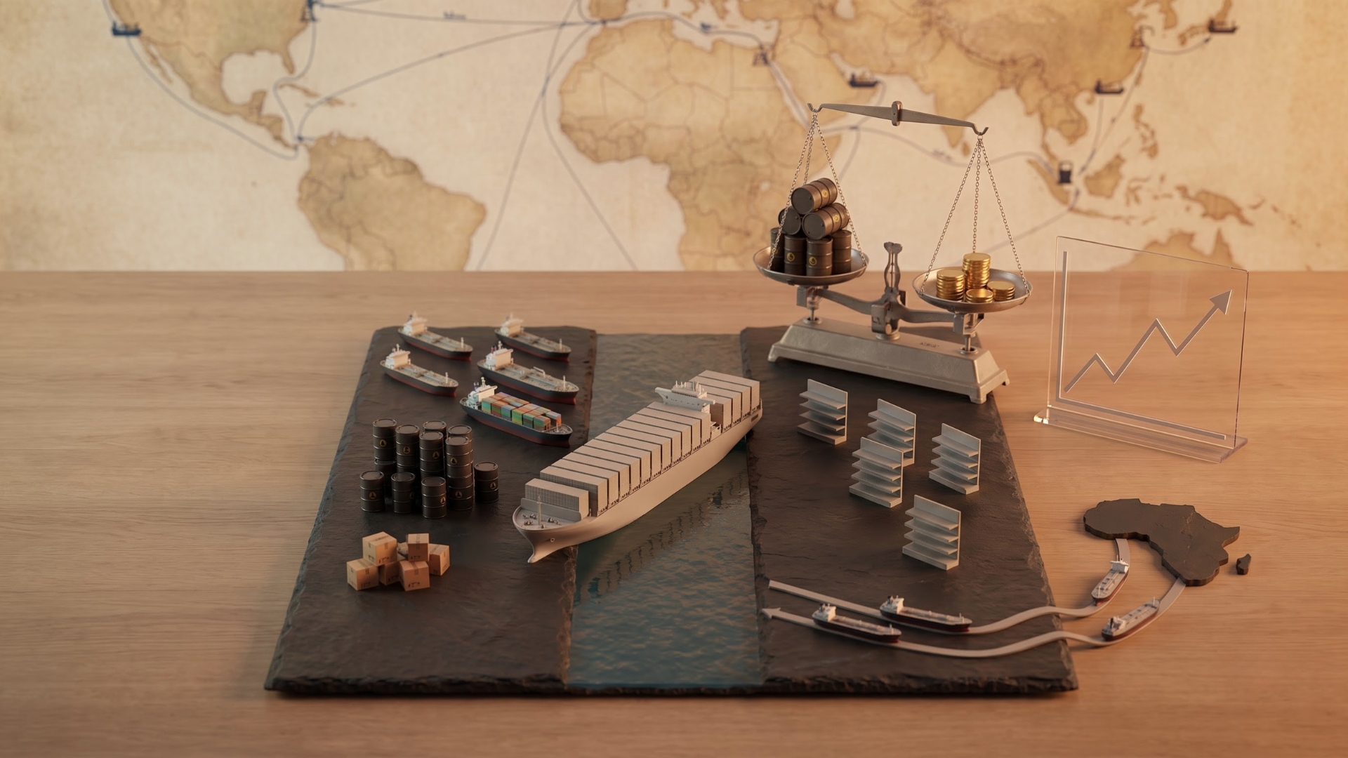 An overhead diorama on a dark slate slab represents global trade and maritime shipping. In the center, a large gray container ship navigates a simulated blue water channel. To its left, miniature cargo ships, oil barrels, and small cardboard boxes are grouped together. To its right, stylized white cargo containers are stacked alongside miniature shipping routes that feature tiny boats traveling to and from a small cutout of the African continent