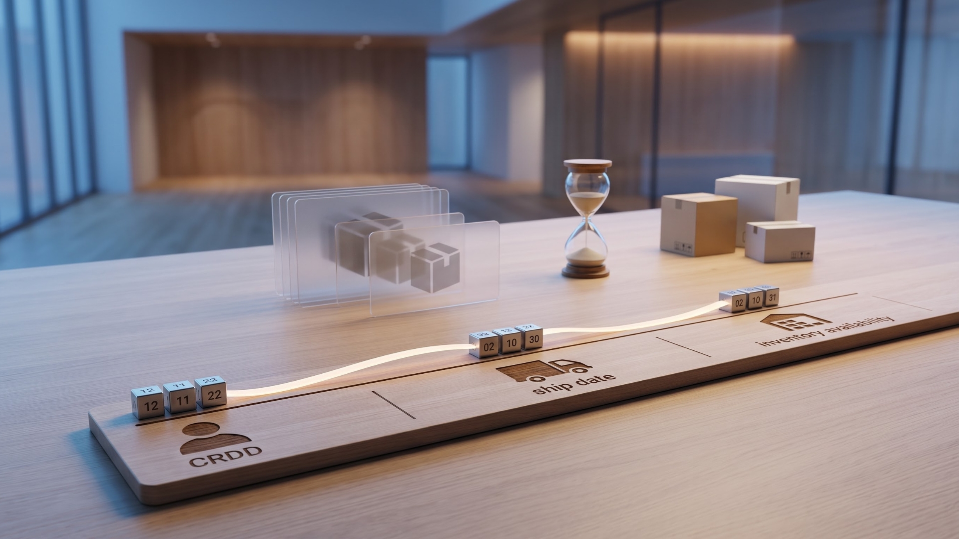 An isometric, close-up shot of a modern, sleek wooden board sitting on a light wooden table inside a minimalist office setting