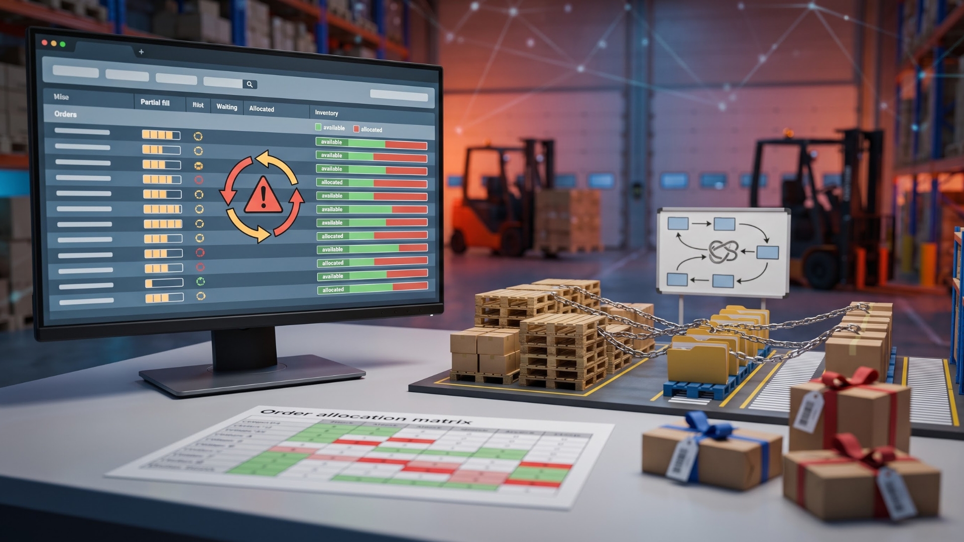 Dashboard interface for a logistics or inventory management system, featuring a central alert icon indicating a potential bottleneck or error.