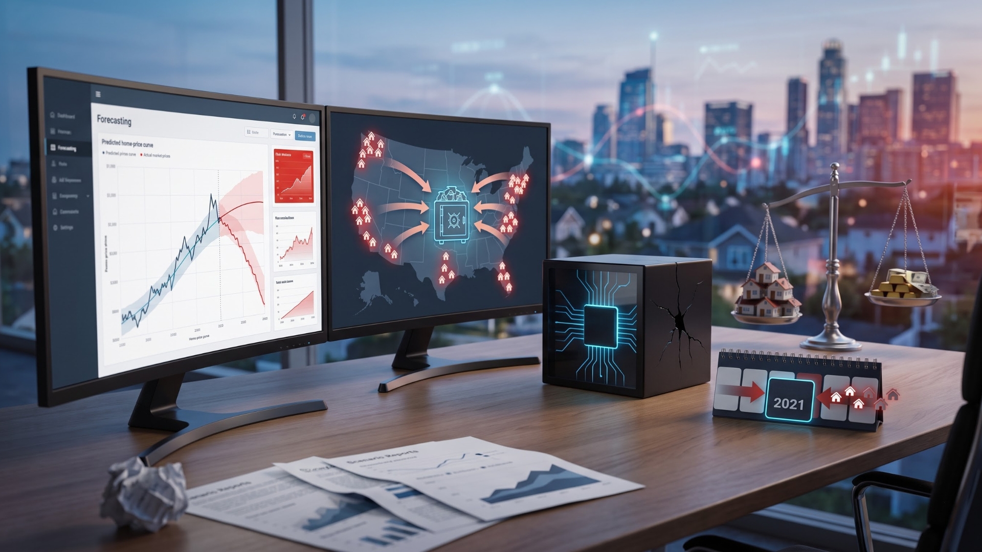 Digital illustration features two computer monitors sitting on an office desk, showcasing real estate forecasting and analytical software.