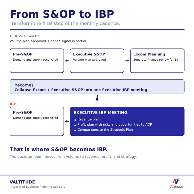 Executives transforming S&OP into IBP by reviewing revenue, profit plan and AOP gaps in one meeting